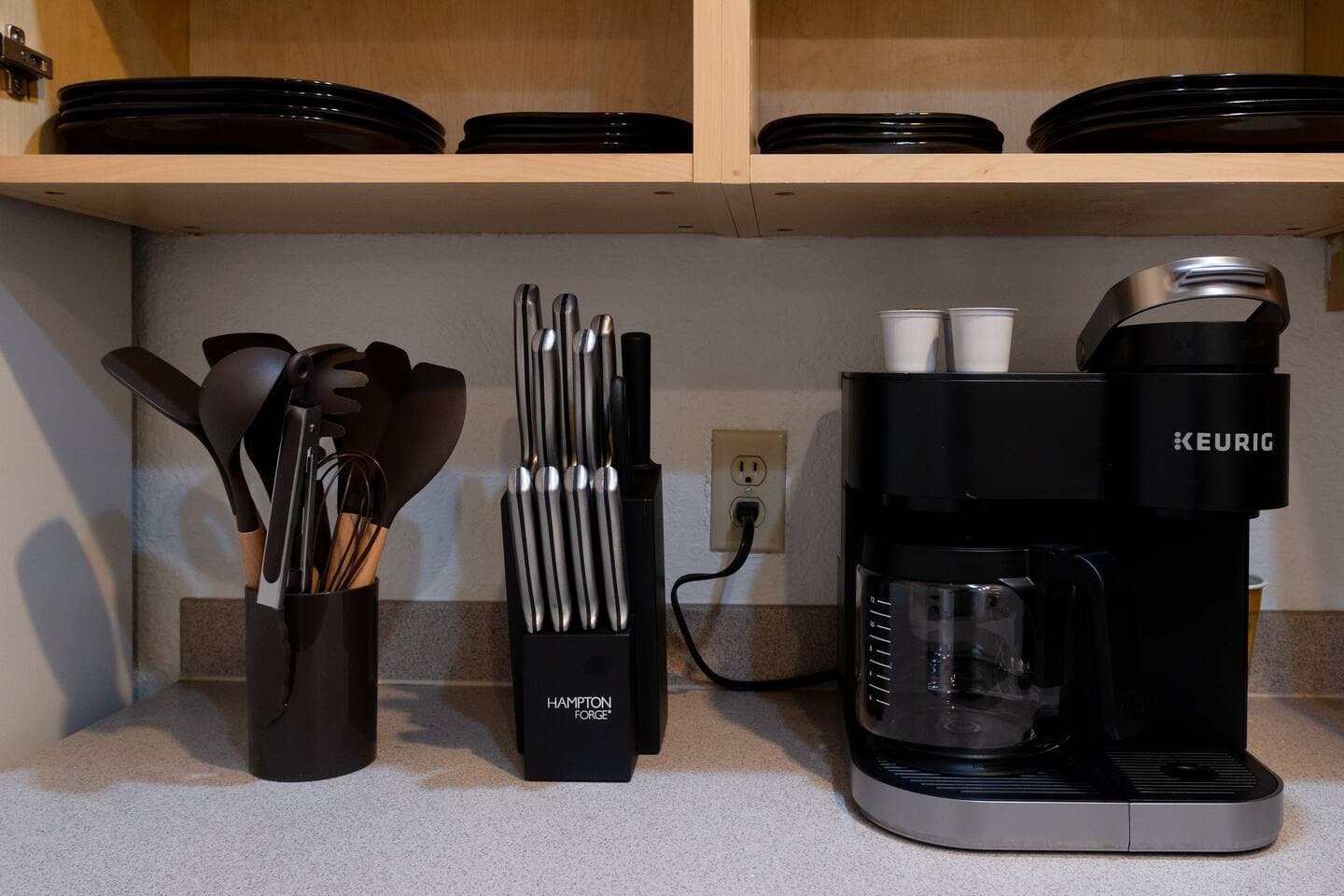 Kitchen comes fully stocked with everything needed to cook at home and a Kurig coffee/k cup maker